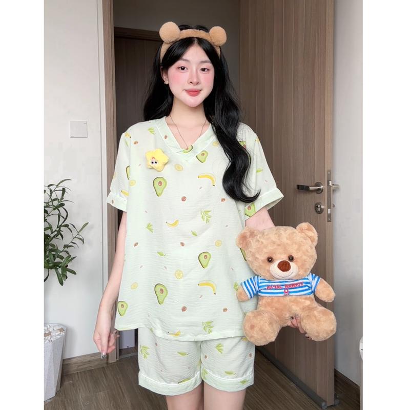 Kozoda Đồ Ngủ Đũi Vân Mây BN36 Họa Tiết Hoạt Hình Cute Dễ Thương Size S & M Thoải Mái Đồ Bộ Nữ Mặc Ở Nhà Đi Chơi Chất Liệu Mềm Mại