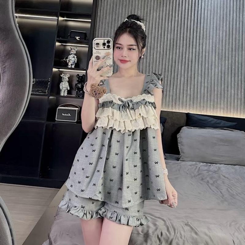 (ÁNH TUYẾT - ĐỒ BẦU) BỘ BẦU ĐÙI ĐŨI HÀN IN NƠ CỔ VUÔNG REN - CỔ BO CHUN - 4 Màu