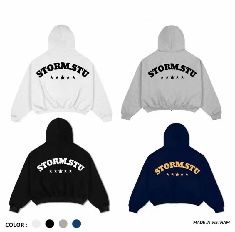 Áo Khoác Nỉ Zip Hoodie Unisex STORM STU Form Rộng – Mũ Trùm, Chữ In Sau Lưng