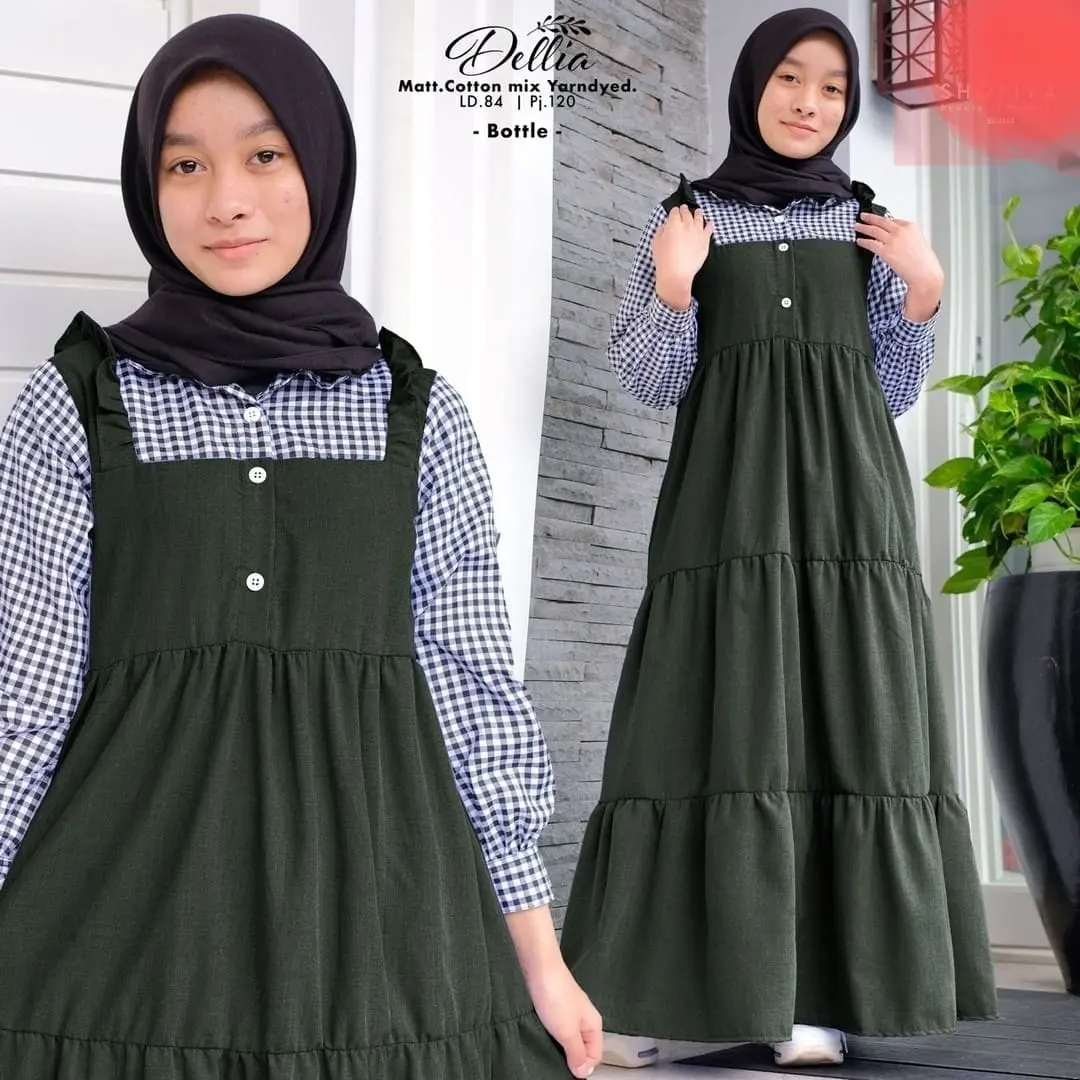 Gamis anak remaja perempuan tanggung kekinian korean style usia 8-9-10-11-12-13-14-15 tahun katun kotak polos Dress Muslim Baju Wanita