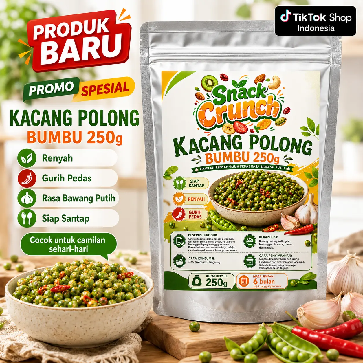 SnackCrunch Kacang Polong Bumbu 250g – Camilan Gurih Pedas Rasa Bawang Putih Siap Santap Berat (HQA)