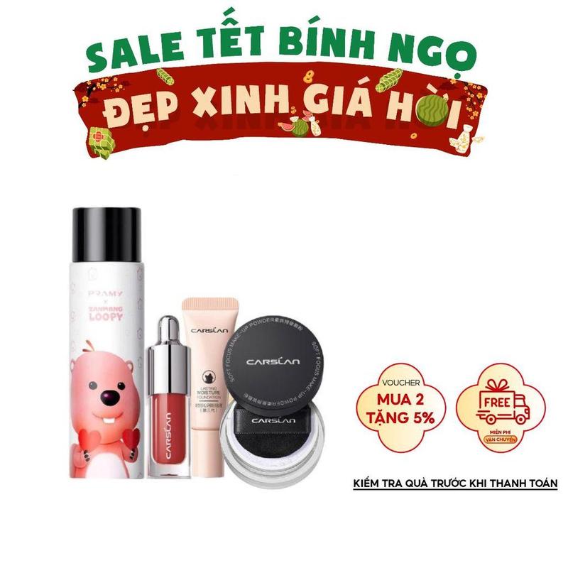 Combo mini trang điểm đầy đủ Bộ 4 món Kem nền Carslan 5g Son tint Carslan 1g Phấn phủ Carslan màu trong suốt 1g xịt khoá nền Pramy 30ml
