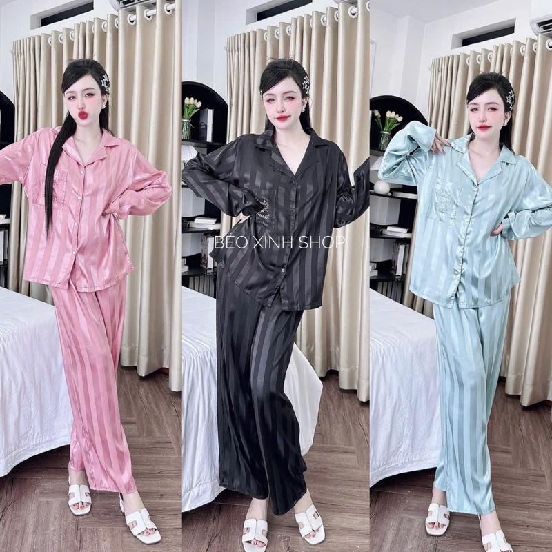 Đồ Bộ - Đồ Ngủ Tay Dài Vải Chất Gấm Sọc Thêu Cao Cấp Sang Chảnh Bigsize 50-100kg Bộ Ngủ Nữ Béo Xinh Shop - A.5641 