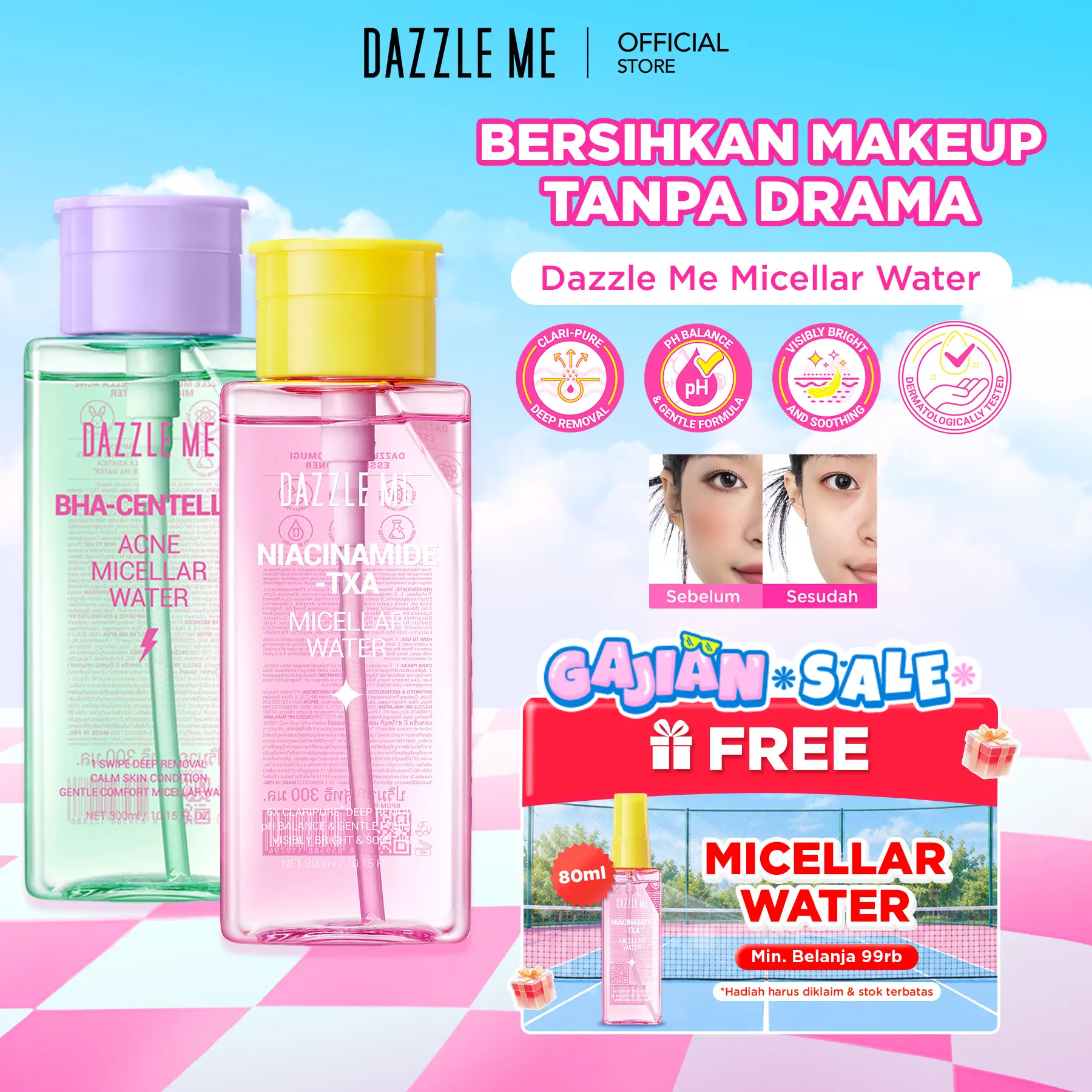 DAZZLE ME Niacinamide-TXA Micellar Water Membersihkan dan Mengangkat Makeup Kotoran Debu Pada Wajah Hydrating pH Balance Micellar Water Cleansing Water Pembersih Makeup