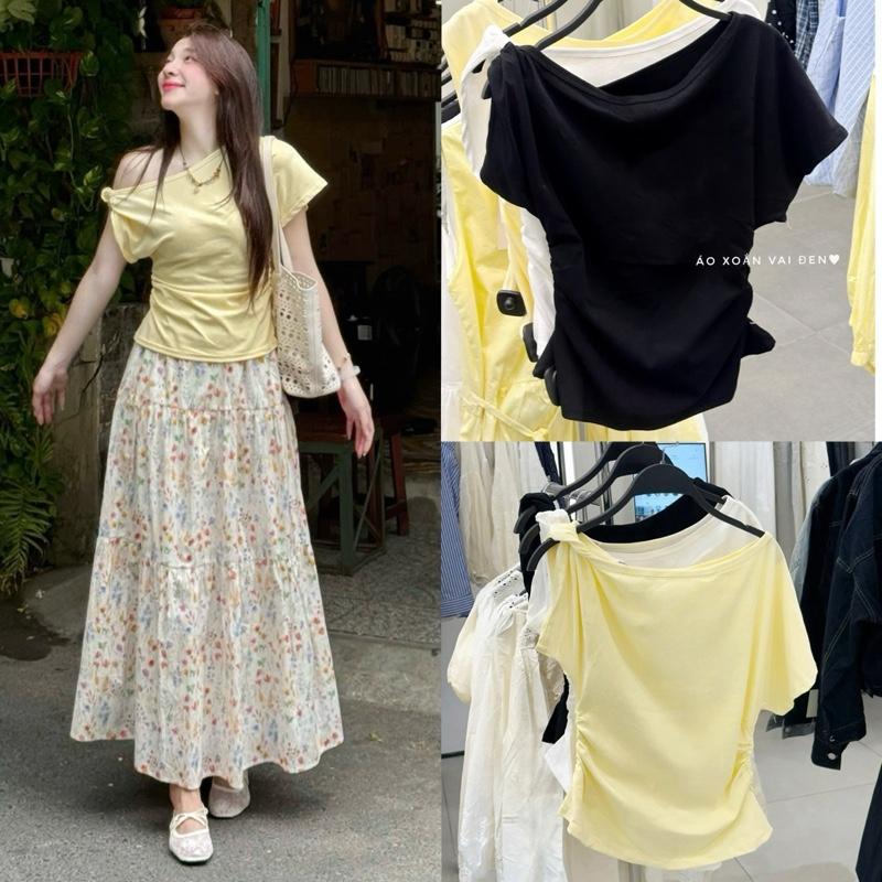 ẢNH OLDSCHOOL Áo thun kiểu nữ xoắn vai lệch kiểu nhún eo MELY STUDIO
