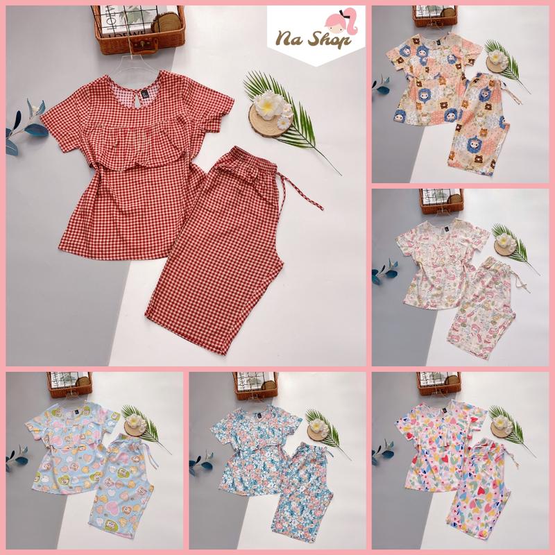 Đồ bộ tôn lanh quần lửng, áo bèo ngực tay ngắn, vải mát mịn, form dễ mặc, họa tiết dễ thương 40~75kg 1