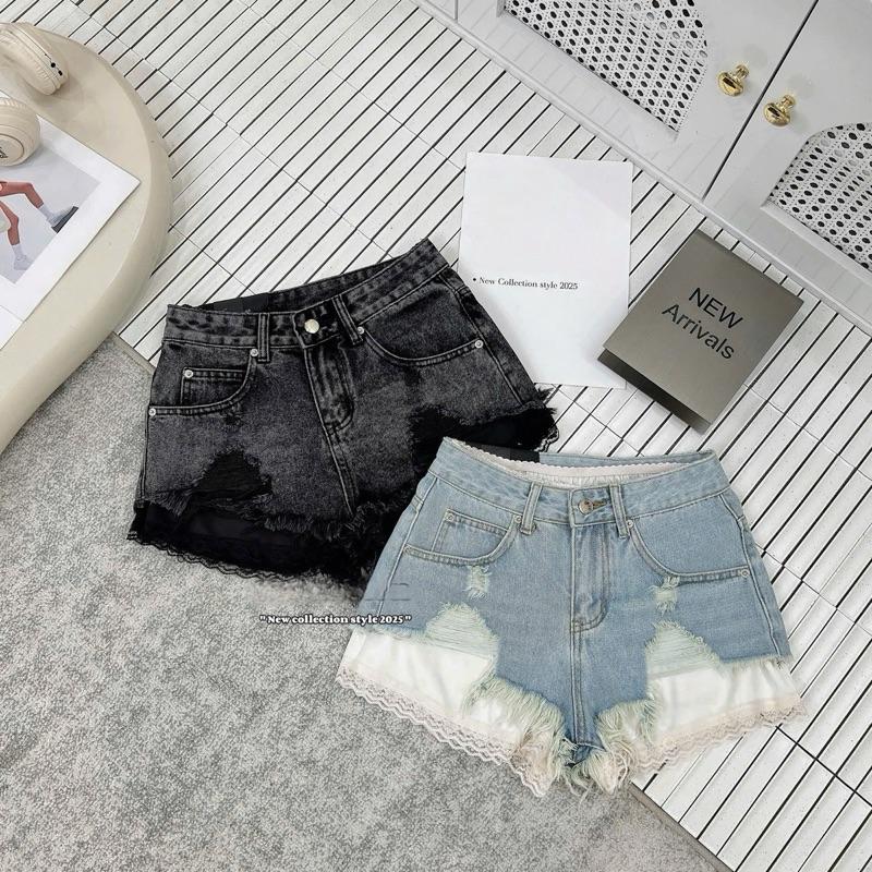 Quần sooc jeans mài rách kèm lót lụa gấu ren HOTTREND, Quần short nữ dáng ngắn 2 màu Hàng QCCC # Lynk nhi