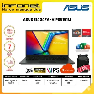 ASUS E1404FA-VIPS RYZEN 5 7520U 16GB 512GB SSD INTEGRATED 14" VIPS FHD W11 OHS24 + M365 BLACK