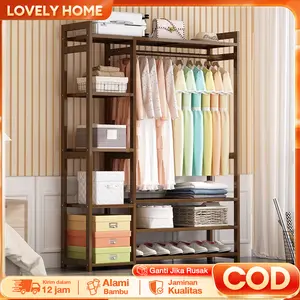 LOVE Rak Baju Gantung Bambu Lemari Pakaian Terbuka Dapat Menyimpan Lebih dari 60 Pakaian Tidur Asrama 70/90/120/170 CM Perabot Berwarna Coklat Rak Baju Gantung kuat dan tahan lama fashionabel dan sederhana berbagai fungsi jemuran dalam rumah
