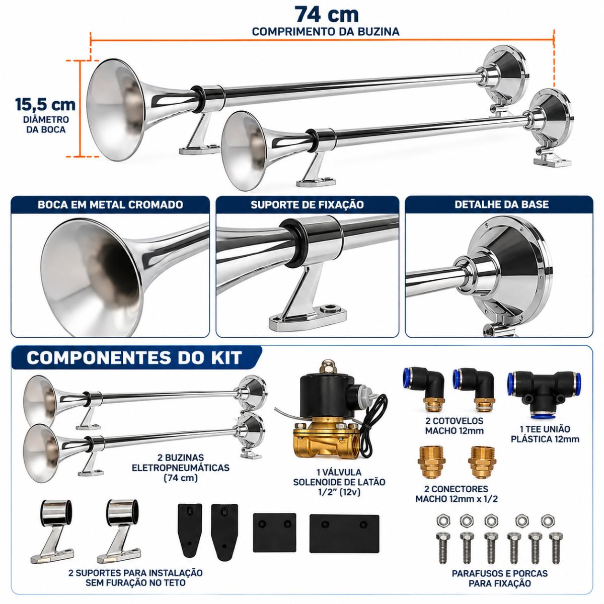 Kit Buzina Maritima 74cm 12v Incluso Conexões 12 Mm Com Válvula Solenoide inclusa kit completo para Caminhão — foto 2