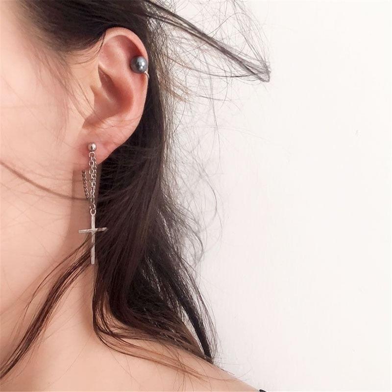 Bông Tai Dây Chuyền Chữ Thập, Đen Trông Đẹp Trai Và Siêu Ngầu, Không Cần Xỏ Lỗ, Kiểu Kẹp Tai, Bungee 3