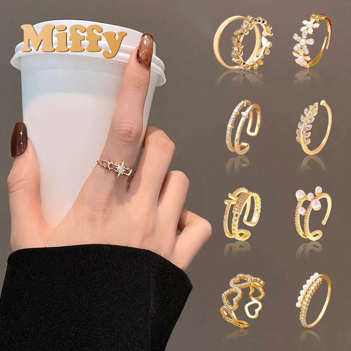 Miffy - Cincin Titanium Wanita Adjustable Fashion Jewelry Cincin Perrmata Mutiara Gaya Terbuka