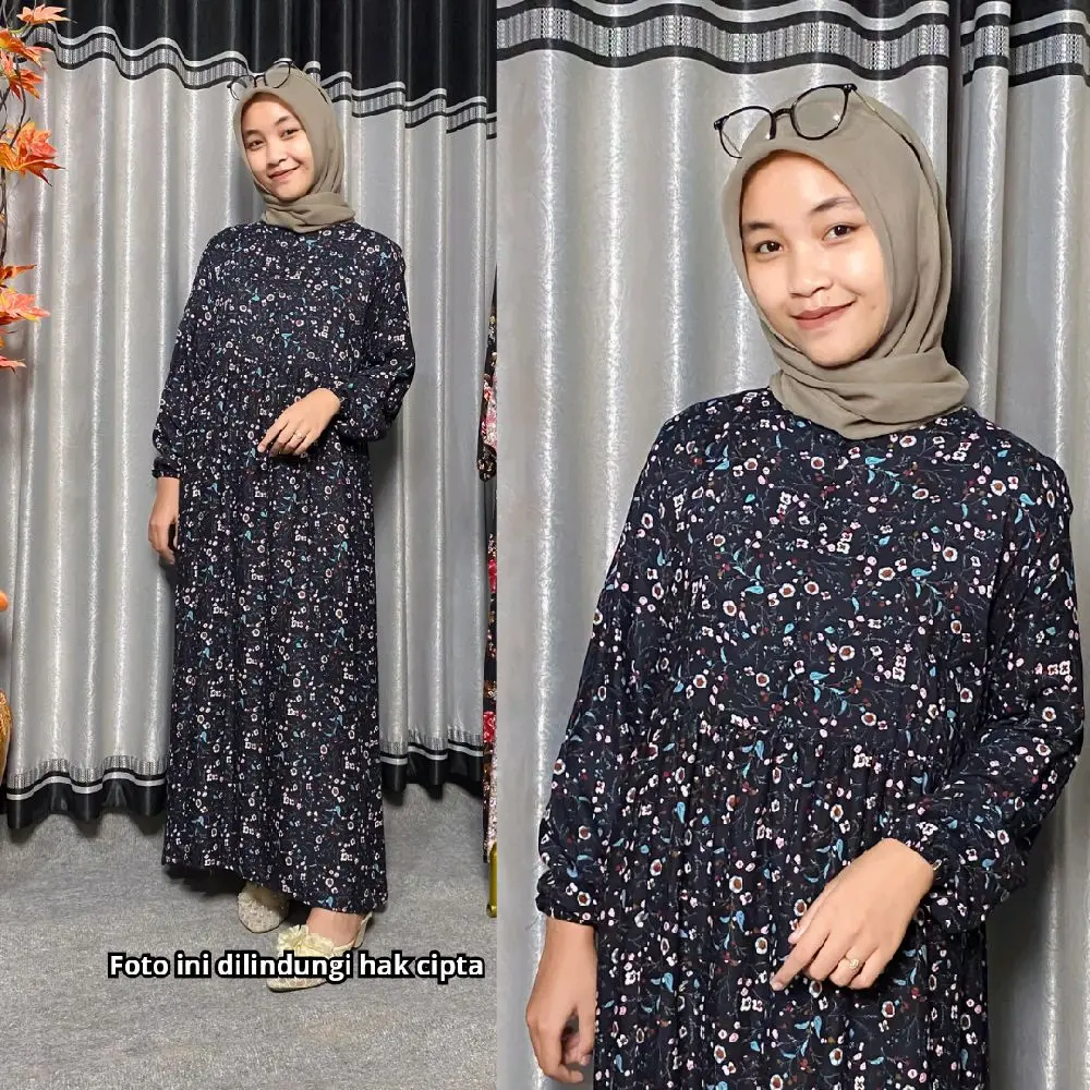 Midi Dress bahan rayon premium Motif Bunga Dress Muslim Panjang Wanita Gamis Lembut Nyaman dipake