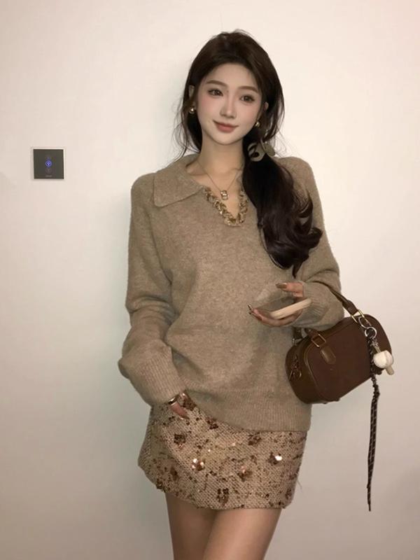 Áo Len Cổ Chữ V, Dáng Rộng Vừa Vặn, Dành Cho Nữ, Thời Trang, Áo Len Thường Ngày Bao Gồm Chân Váy Ngắn, Bộ Đồ Mùa Thu Và Mùa Đông Mới