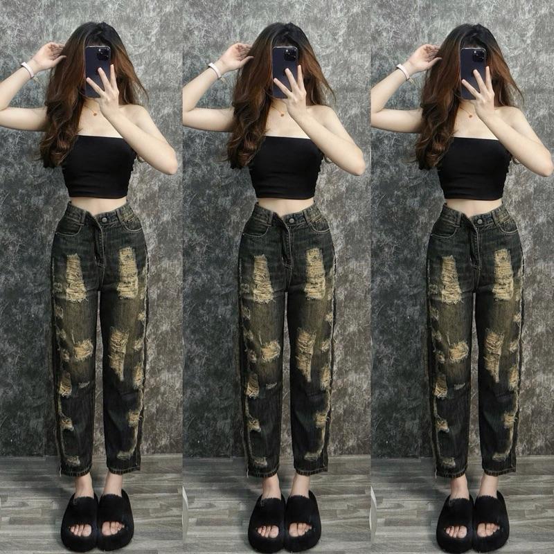 Có bigsize 3331 Quần Baggy Jeans Cạp Cao Màu Dơ Bụi Nhạt Rách Trước và Sau 2 Bên Cá Tính Denim