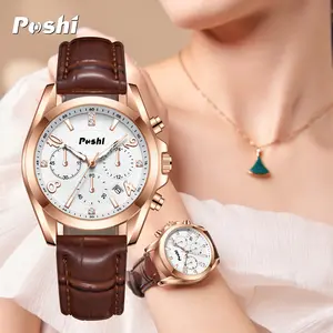 (002 harga telah diganti, cepat beli) Jam Tangan Wanita Poshi 100% Original Desain Klasik & Elegan, Display Kuarsa, Tali Kulit Asli, Tahan Air, dengan Fitur Kalender  PS976 Watches