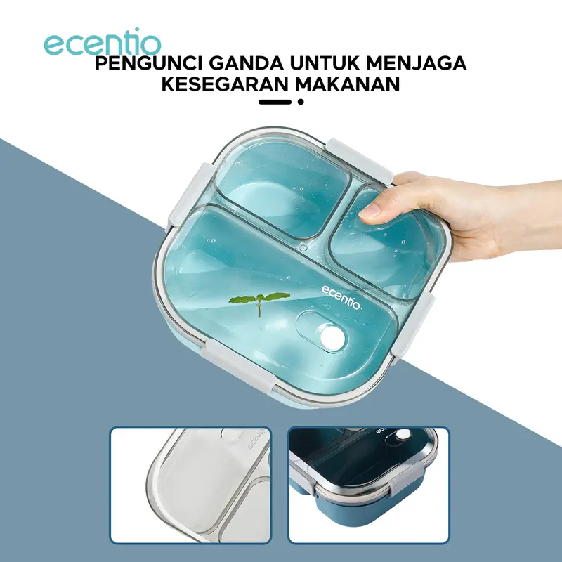 【2pcs】【BPA FREE】ecentio  lunch box settempat bekal makan kotak bekal anti tumpah 3 grid 1100ml Kotak makan wadah bekal anti tumpah kotak sup 100ml Free Sendok Kitchenware 7