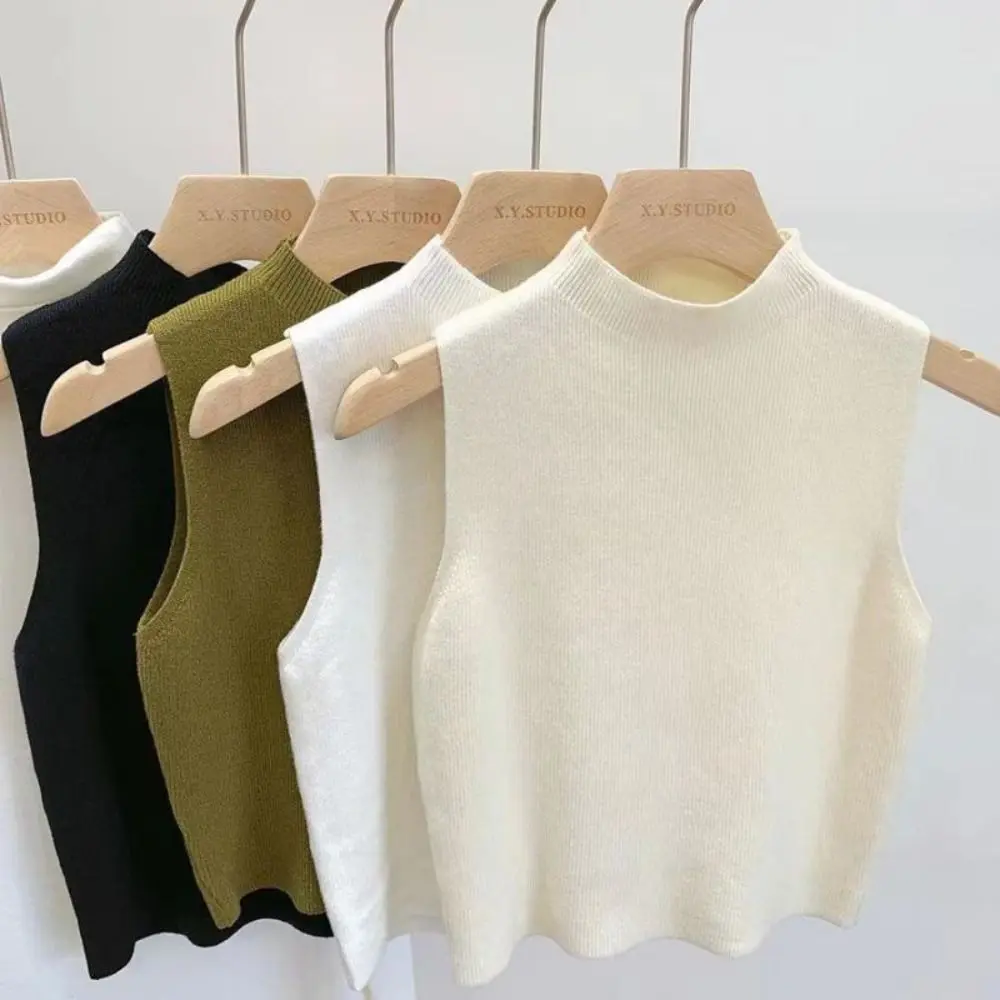 Áo Vest Dệt Kim, Thời Trang, Màu Trơn Áo Thun Không Tay Áo Hai Dây Cổ Lọ Nửa, Dành Cho Nữ
