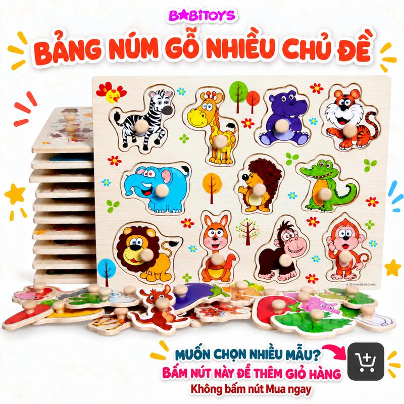 Bảng núm gỗ nhiều chủ đề, bảng ghép hình núm gỗ động vật, trái cây, chữ số giáo dục sớm phát triển trí tuệ