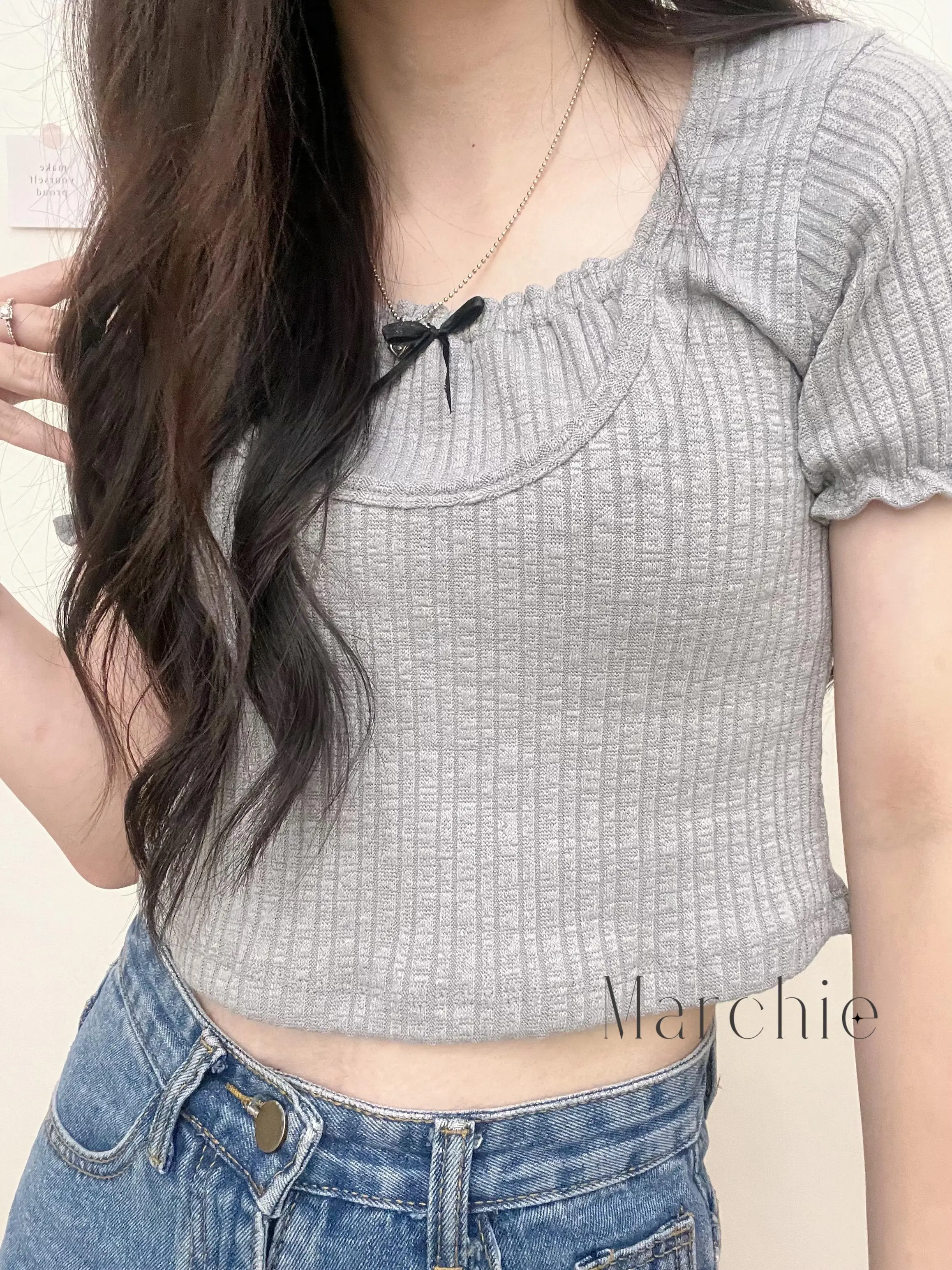 [Marchie] READY STOCK BANGKOK - Ribbon Knit Top / Atasan Rajut Wanita / Baju Crop Abu Abu Perempuan