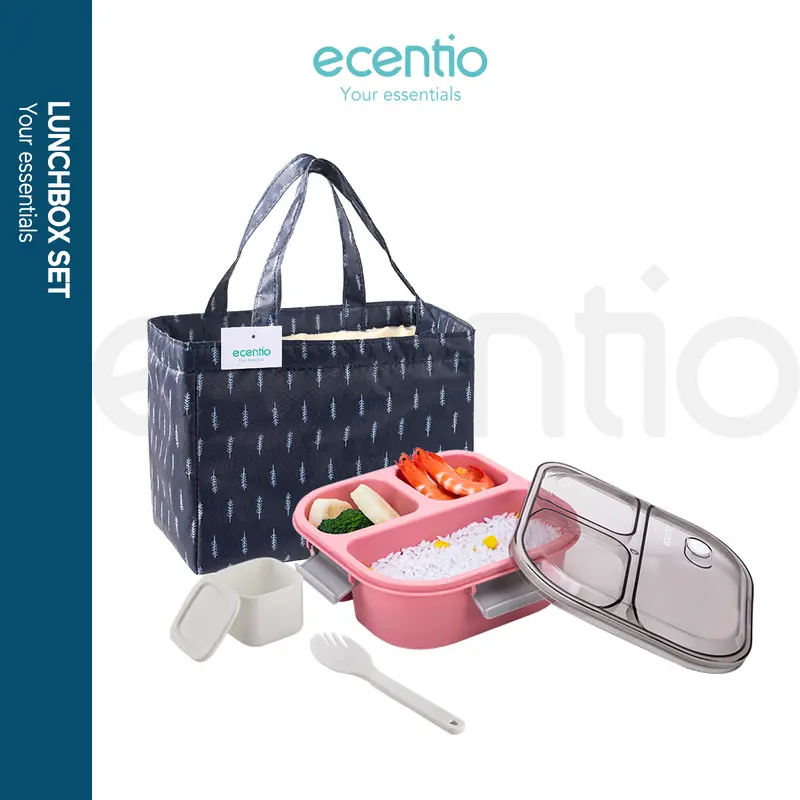 【2pcs】【BPA FREE】ecentio  lunch box settempat bekal makan kotak bekal anti tumpah 3 grid 1100ml Kotak makan wadah bekal anti tumpah kotak sup 100ml Free Sendok Kitchenware 2