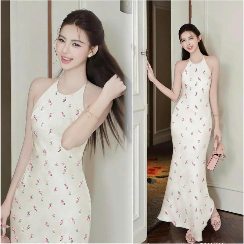 Đầm lụa cổ yếm hoa nhí A116 váy lụa dáng đuôi cá duyên dáng thanh lịch 2 màu dự tiệc - Akara closet