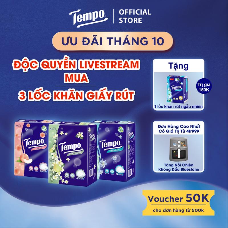 [ĐỘC QUYỀN LIVESTREAM - MUA 3 LỐC TẶNG 1 LỐC] Khăn Giấy Rút Cao Cấp Tempo 4 Lớp Bền Dai, An Toàn Cho Da Thương Hiệu Đức