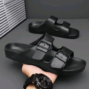 Sandal Selop Pria Strip 2 Gesper Sendal Karet Cowok Ringan Sandal Shoes Slip On Cowok Kekinian Sandal Laki Laki Warna Hitam