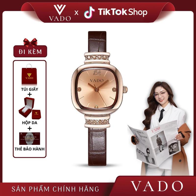 [MEGA - DH330VADO] VADO Đồng Hồ Nữ Mặt Vuông, Dây Da, Mặt Đính Đá Sang Chảnh - DH330 VADO