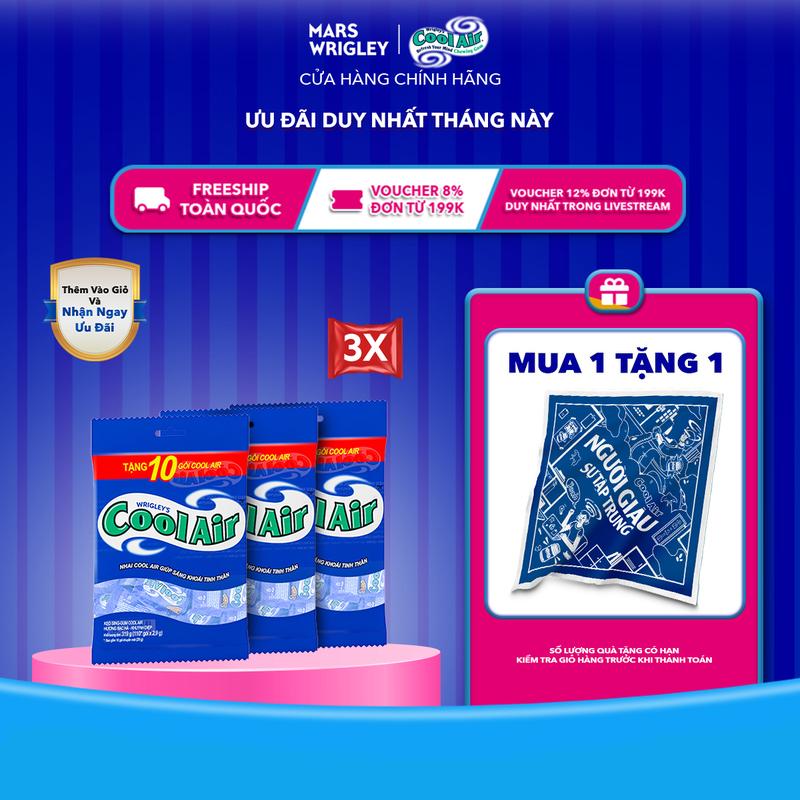   300 gói tặng 30 gói + Tặng Khăn Cool Air  Combo 3 Túi Kẹo Sing-Gum Cool Air Hương Bạc Hà - Khuynh Diệp  Túi gồm 300+30 Gói x 2 Viên Kẹo  