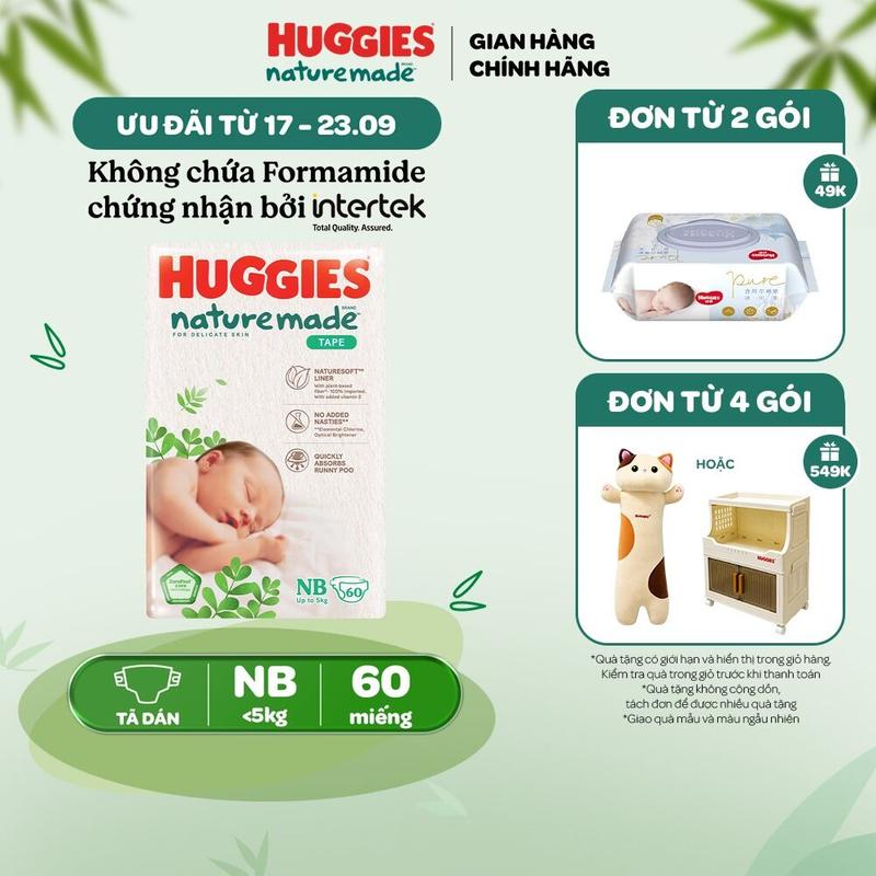 Tã/Bỉm dán sơ sinh Huggies NatureMade Size NB60/S82/M64/L54/XL44