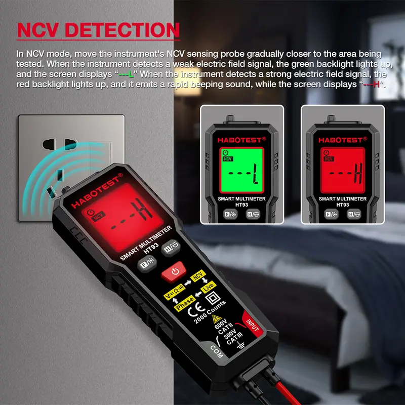 Đồng Hồ Vạn Năng Thông Minh, HT93, Đồng Hồ Vạn Năng Kỹ Thuật Số, Kiểm Tra Tự Động, Đo Điện Áp AC / DC, Phát Hiện Dây Live NCV, Kiểm Tra Không Bị Rối, 2000 Số Đếm, Đo Phạm Vi Tự Động, Bao Gồm Pin 3