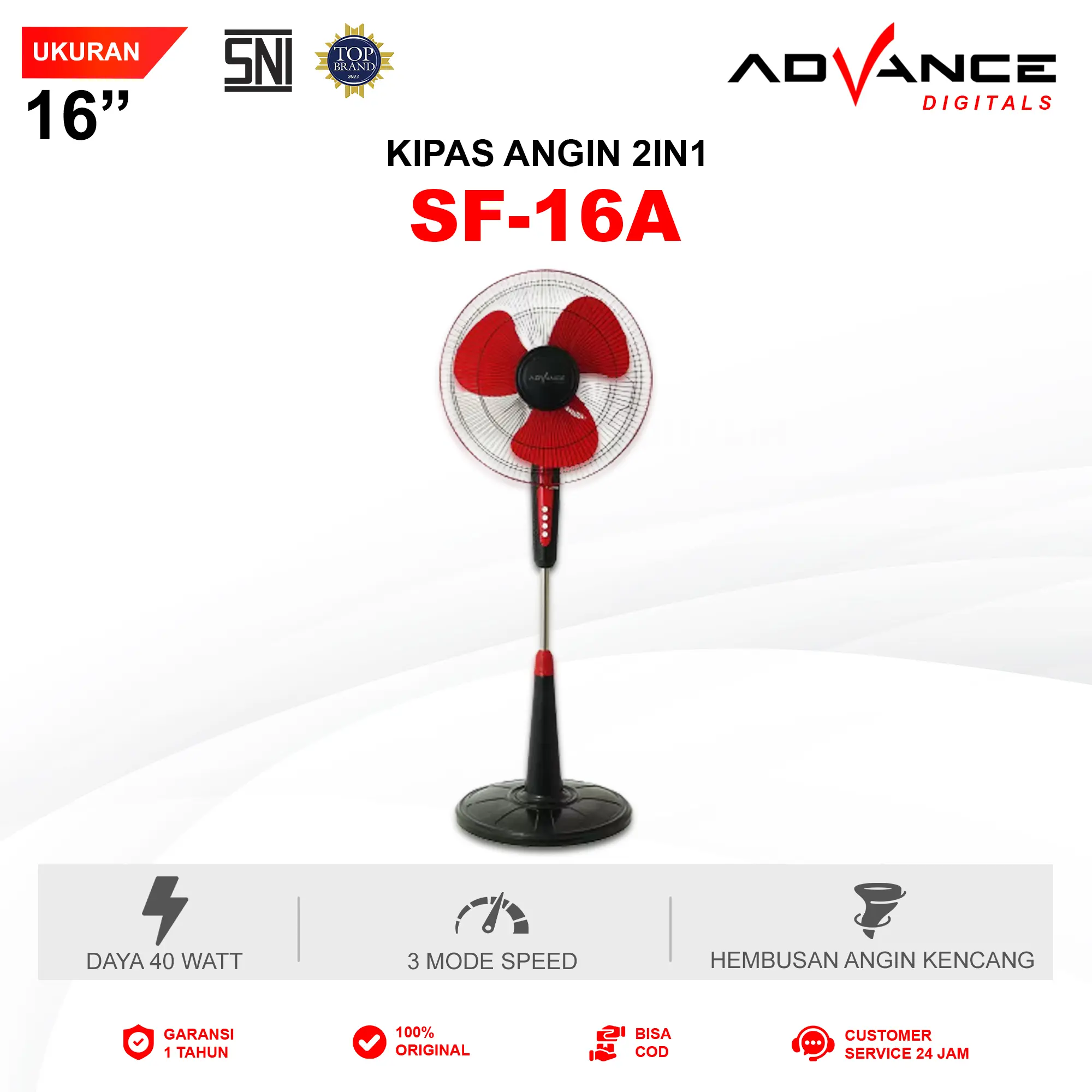 【COD】Advance SF-16A Kipas Angin 16" Stand Fan Garansi Resmi 1 Tahun Besi Stainless Baling
