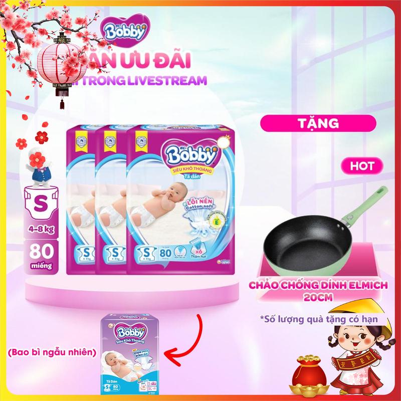   KOL   COMBO 3-TẶNG CHẢO ELMICH 20  Bobby Tã bỉm dán S80 M76 L68 XL62 XXL56 Siêu khô thoáng lõi nén cotton-soft cho bé 