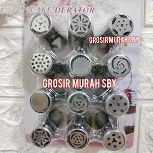 isi 12pcs Spuit Rusia Besar Stainless Steel untuk Hiasan Kue Tart dan Cupcake