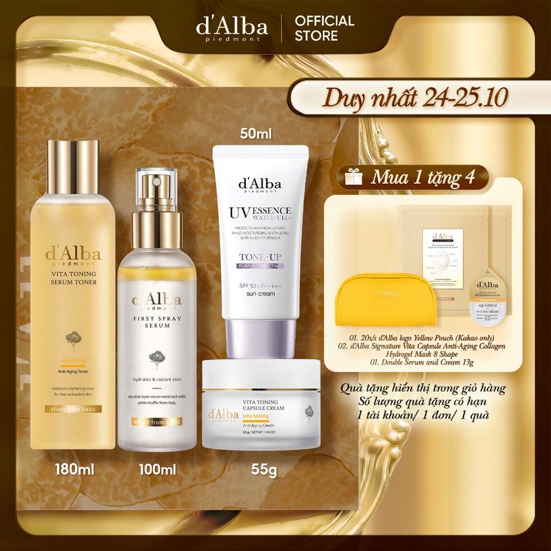 4 Món Hỗ Trợ Dưỡng Trắng & Căng Bóng Toàn Diện (First Spray Serum 100ml, Vita Toning Serum Toner 180ml, Capsure Cream 55g, Toneup (Purple) 50ml)