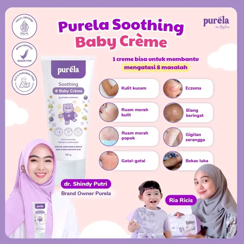 PURELA Soothing Baby Creme Face & Body (70gr) Perawatan Skincare Anak Wajah dan Badan | Krim untuk Mencerahkan, Mengatasi Ruam, gatal alergi, biang keringat, gatal kemerahan dan Permasalahan Kulit Bayi lain, BPOM & HALAL 1