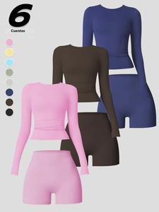 Conjunto deportivo de mujer de 2 piezas: camiseta deportiva de manga larga con cuello redondo y shorts ajustados de cintura alta para yoga