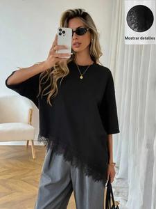Top de mujer elegante tejido a punto con cuello redondo y manga corta, ajuste holgado, patchwork de encaje, estilo casual para ir al trabajo y a la universidad