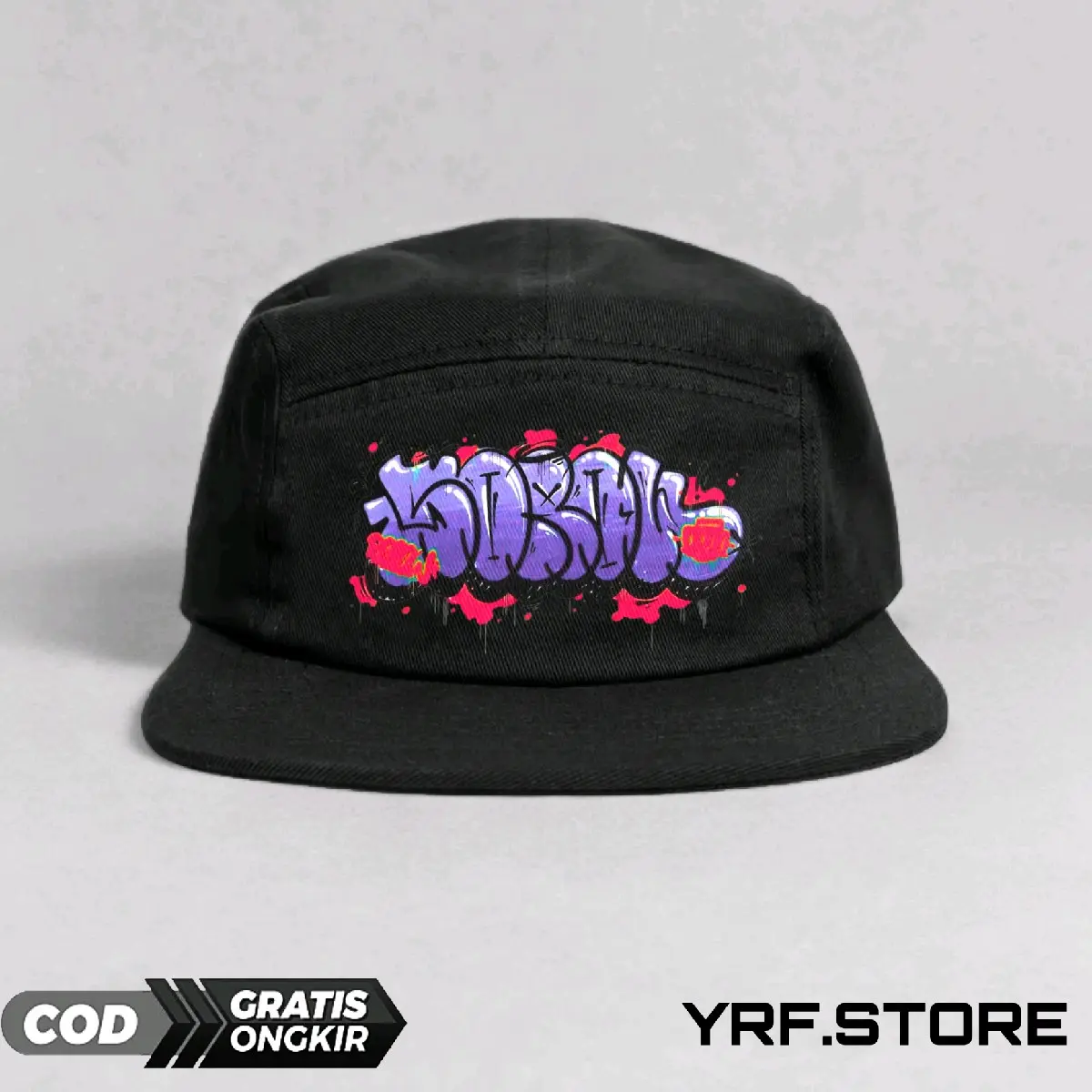 Topi Snapback 5 Panel YRF.STORE Warna Hitam Dengan Logo Graffiti Keren / Topi Skena / Five Panel Snapback / Topi Skena Outfit / Topi Snapback / Topi Cowok Keren / Topi Skena Pria / Topi Snapback Skena  / Topi Skena Cewek / Topi / Asesoris / Fashion