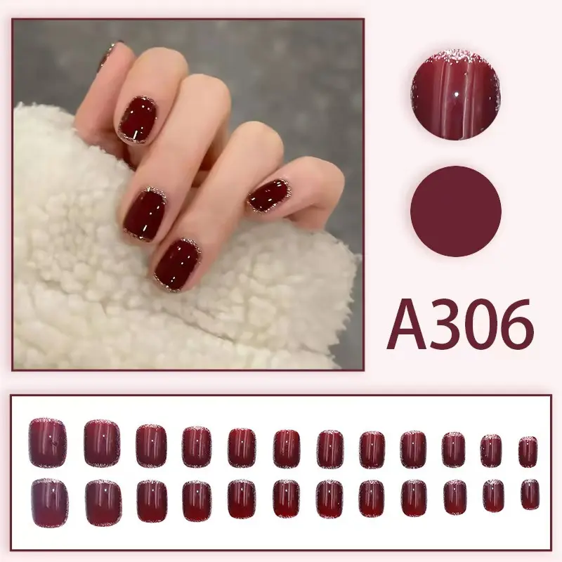 24 buah/kotak anggur merah kuku palsu berbentuk hati Art Lem Nail Box Cat 1
