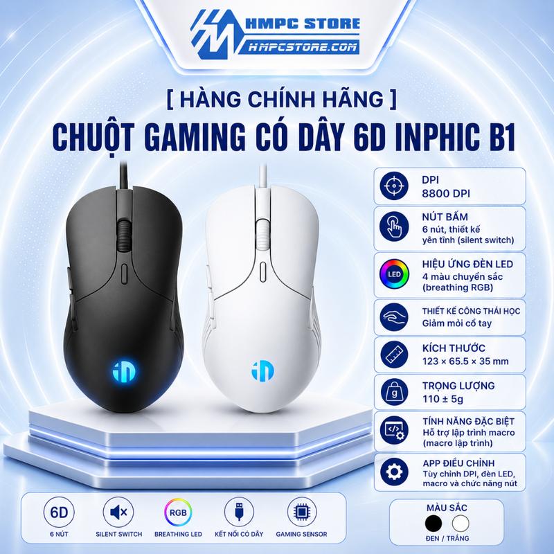 Chuột gaming có dây 6D INPHIC B1 | Đen - Trắng