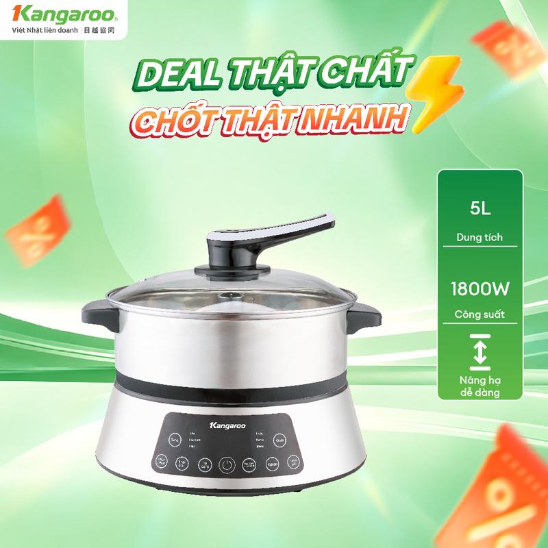 KGEH5D2 | Lẩu điện thang máy Kangaroo - Dung tích 5L - Công suất 1800W, lòng nồi chống dính, đa chức năng nấu.
