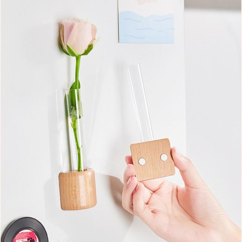 Household Refrigerator Magnet Test Tube Clear Vase with Wooden Base Space-Saving Transparent Hydroponic Vase Decoration Plastic Plants Flower Pot 6