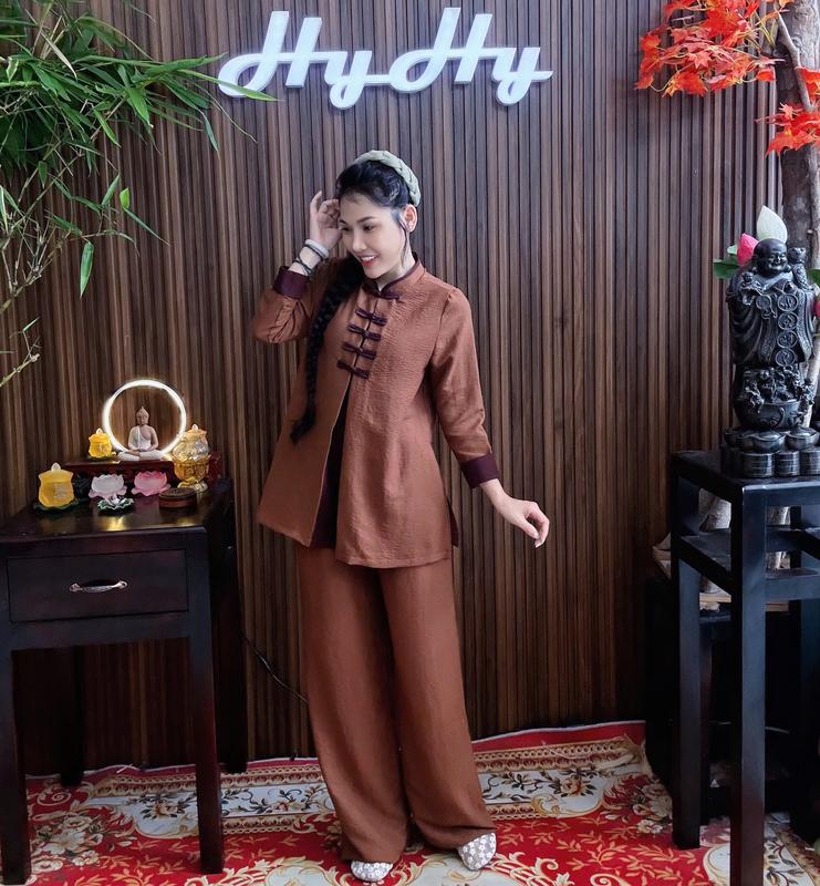 Kỳ Âm - Bô Pháp Phục Lễ Chùa Nữ Bigsize Cổ Tàu Áo Tay Dài Xẻ Tà Thanh Lịch - HyHy