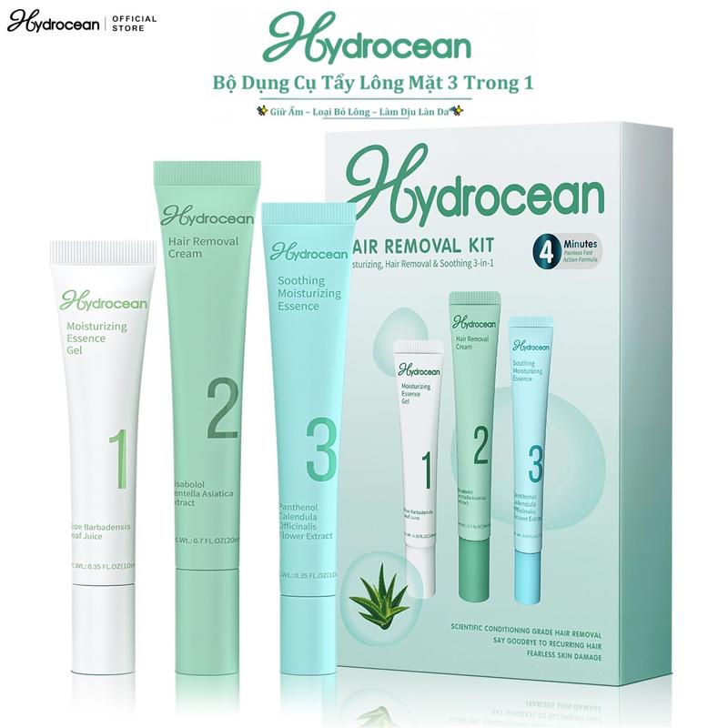 Bộ Kem Tẩy Lông Mặt HYDROCEAN 3-trong-1 – Dưỡng ẩm, Làm dịu & Loại bỏ lông | Công thức dịu nhẹ, Se khít lỗ chân lông, Ức chế mọc lông, An toàn & Không gây kích ứng