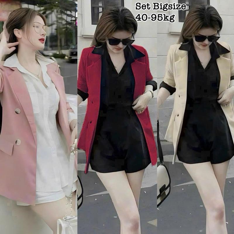 Set Đồ Bigsize Nữ Áo Blazer Lụa Chéo Kèm Sơ Mi Tay Dài Lụa Cao Cấp Thiết Kế Dự Tiệc, Đi Làm, Đi Chơi Xinh Đẹp 50-95kg - 2317