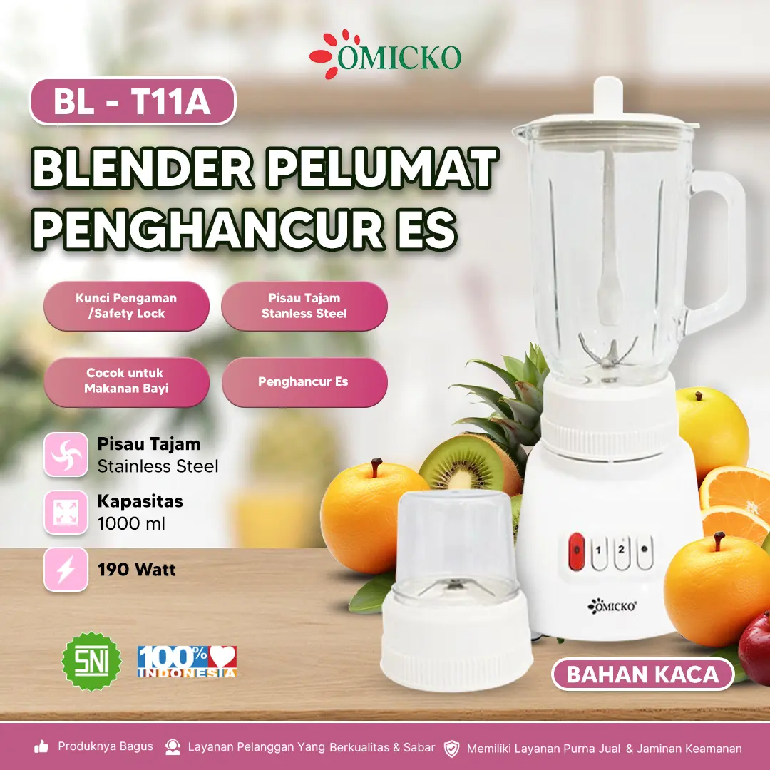 OMICKO Bahan KACA tipe BL-T 11A dan BL-T12A sudah SNI dan 6 Mata Pisau Yang dapat menghancurkan Es Sudah Food Grade  cosmos multifungsi blender