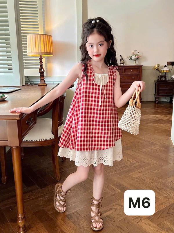 [8-35kg]-Dung Kids 02 - M6 Váy Caro Đỏ Viền Chân ren cổ vai nơ xinh xắn cho bé gái