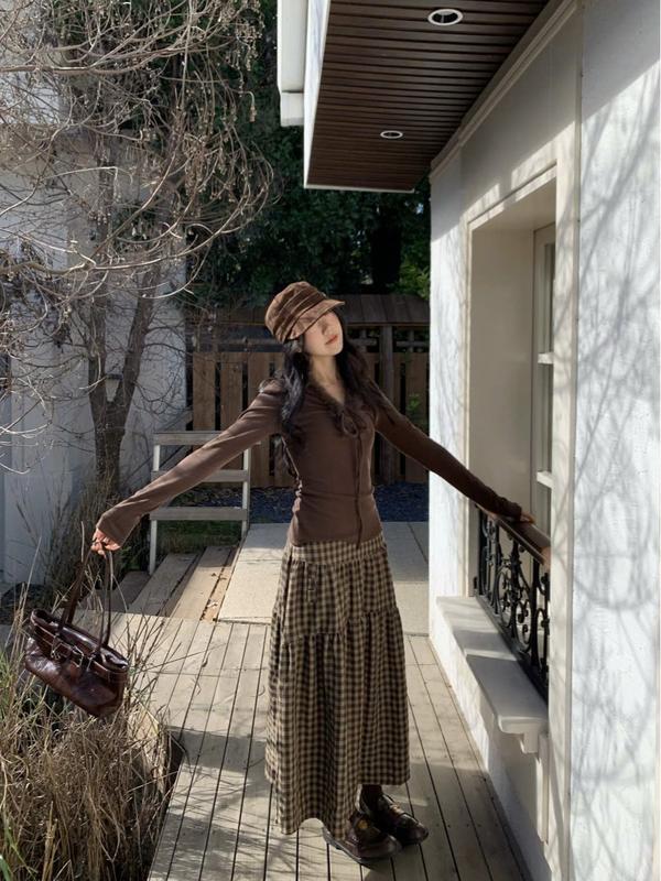 V28 Phiên bản cạp khóa - Chân Váy Kẻ 3 Tầng Chất Thô Mềm Phong Cách Vintage, Nàng Thơ